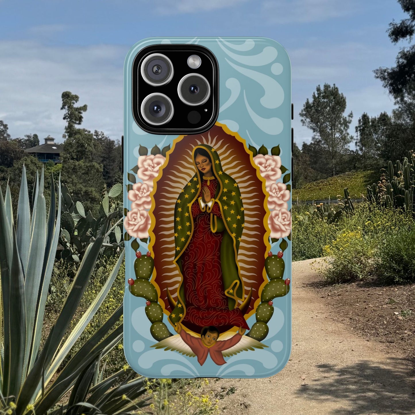 Virgen de Guadalupe iPhone case with light blue Talavera background