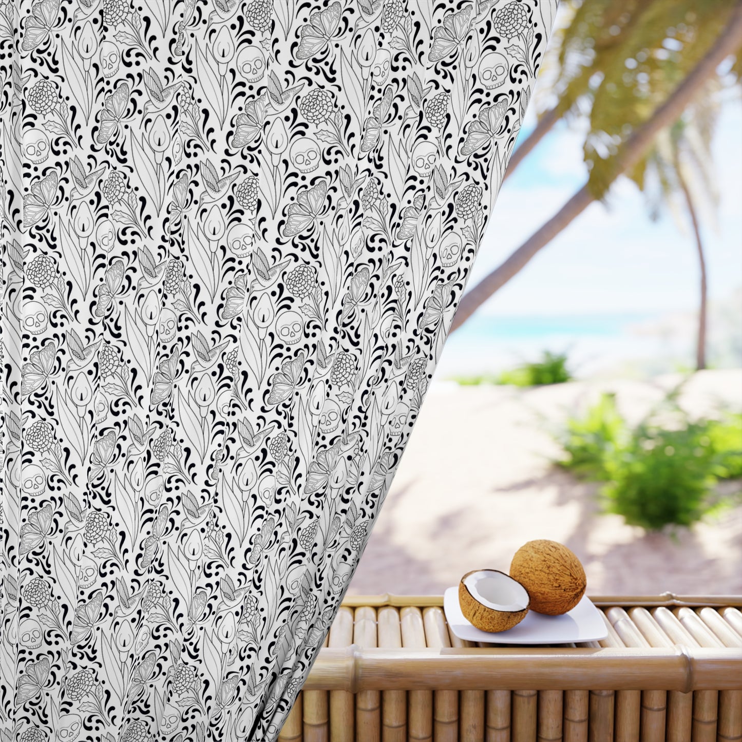 Muerte Pattern Black out curtain panel- black on white