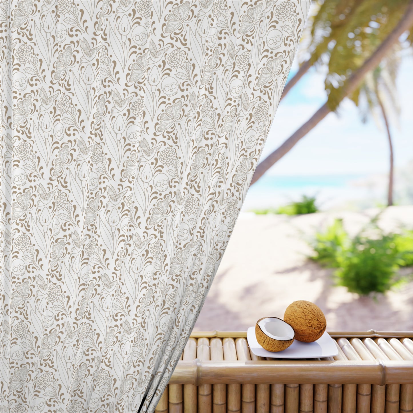 Muerte Pattern Black out Window Curtain Panel- Tan on white