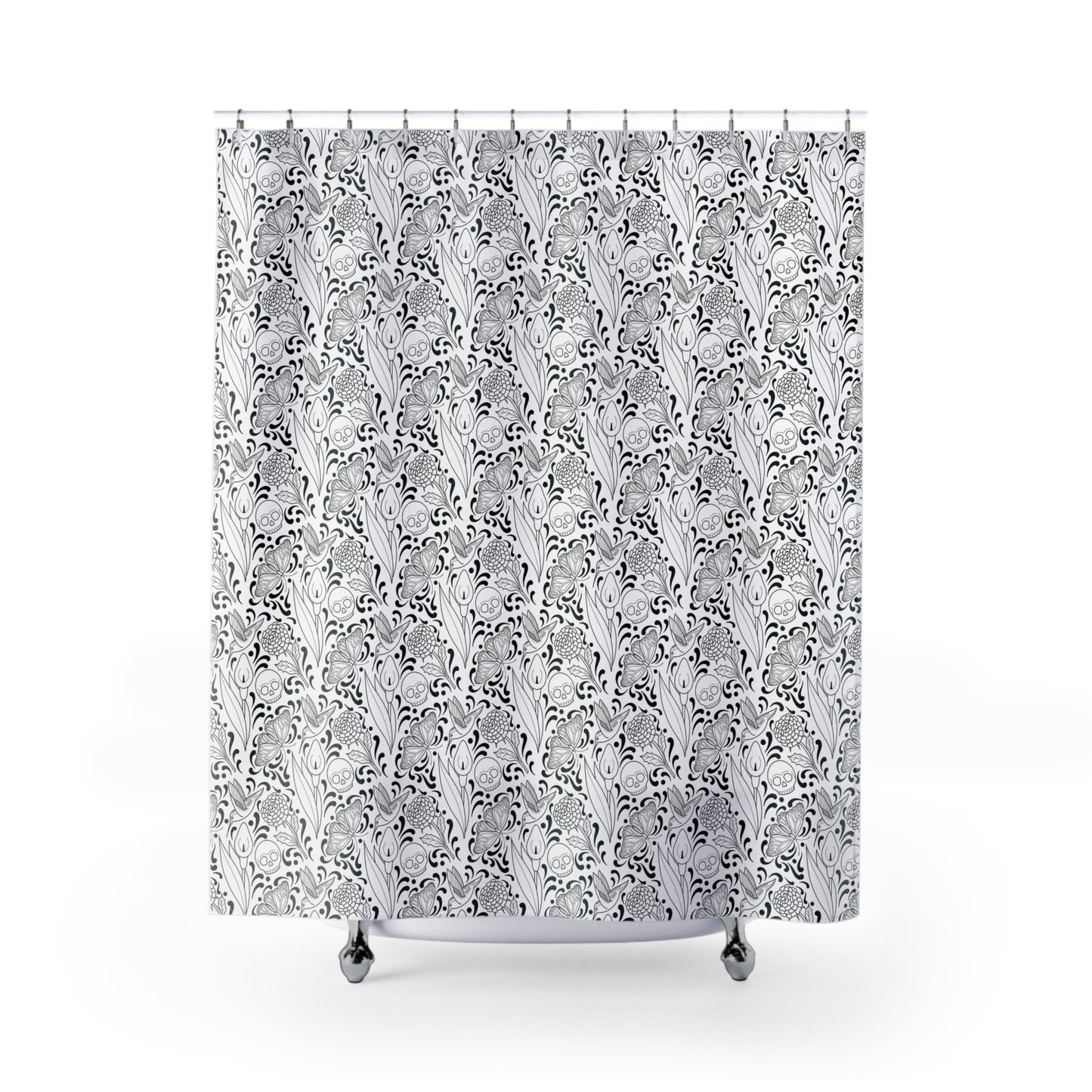 Muerte Pattern Shower Curtain- Black on white