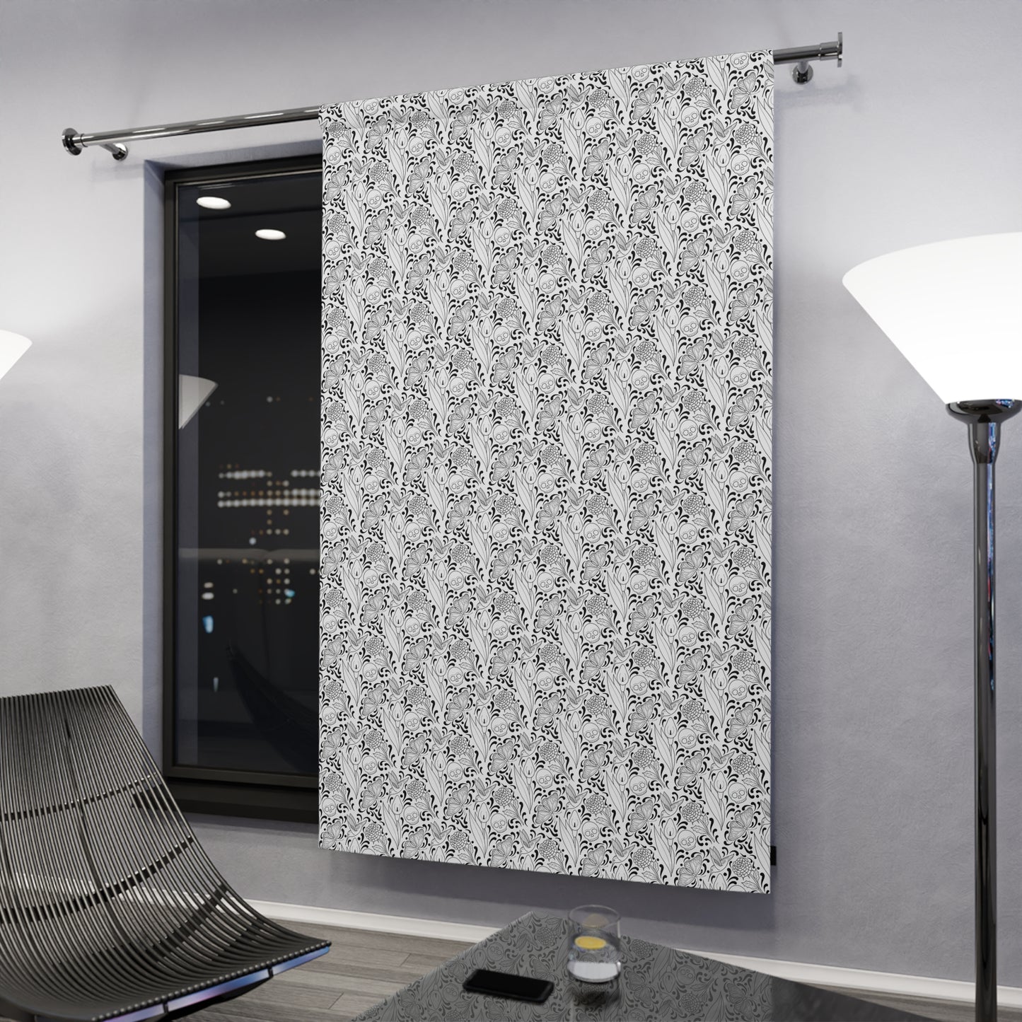 Muerte Pattern Black out curtain panel- black on white