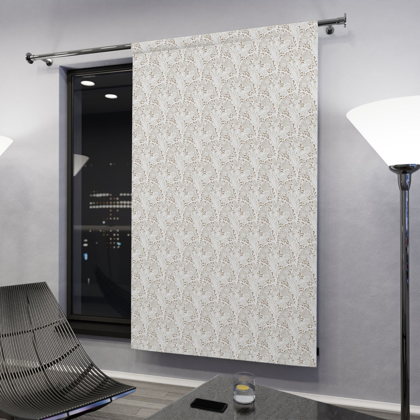 Muerte Pattern Black out Window Curtain Panel- Tan on white
