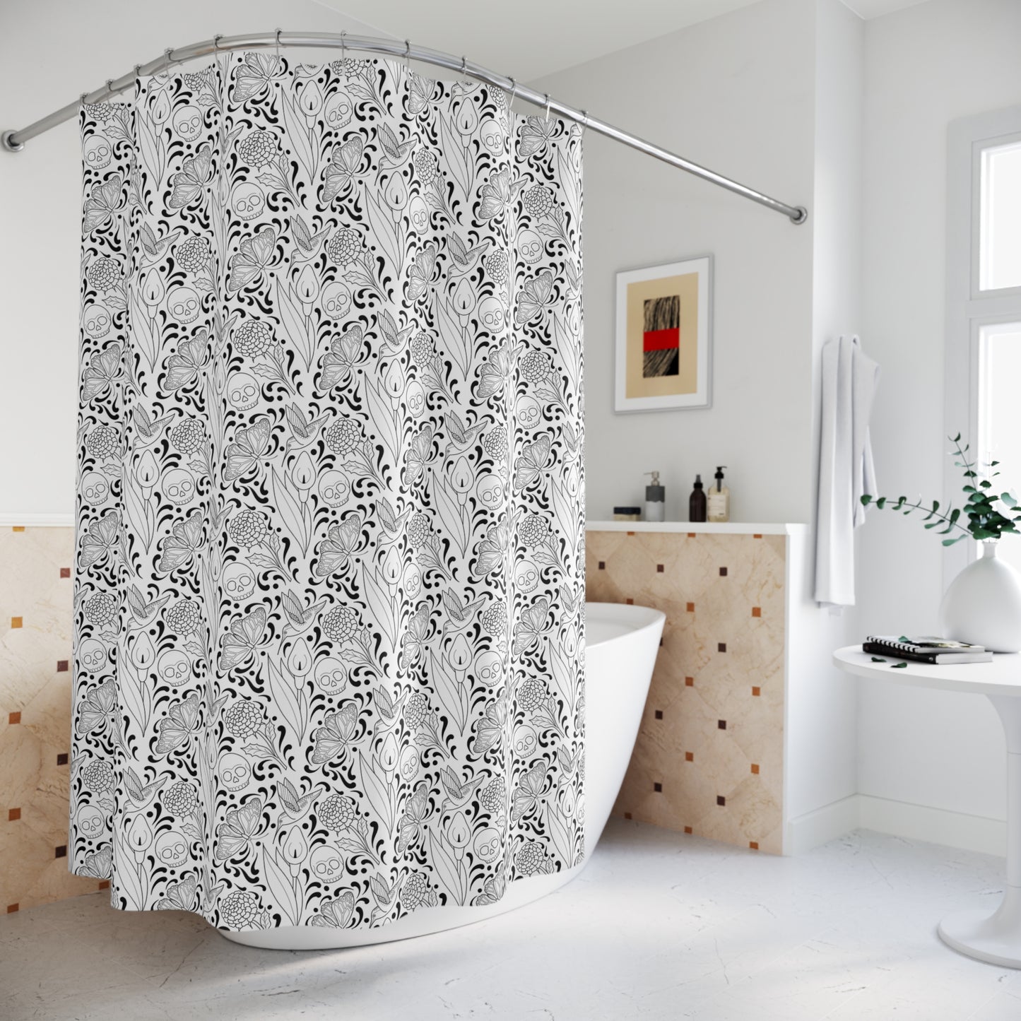 Muerte Pattern Shower Curtain- Black on white