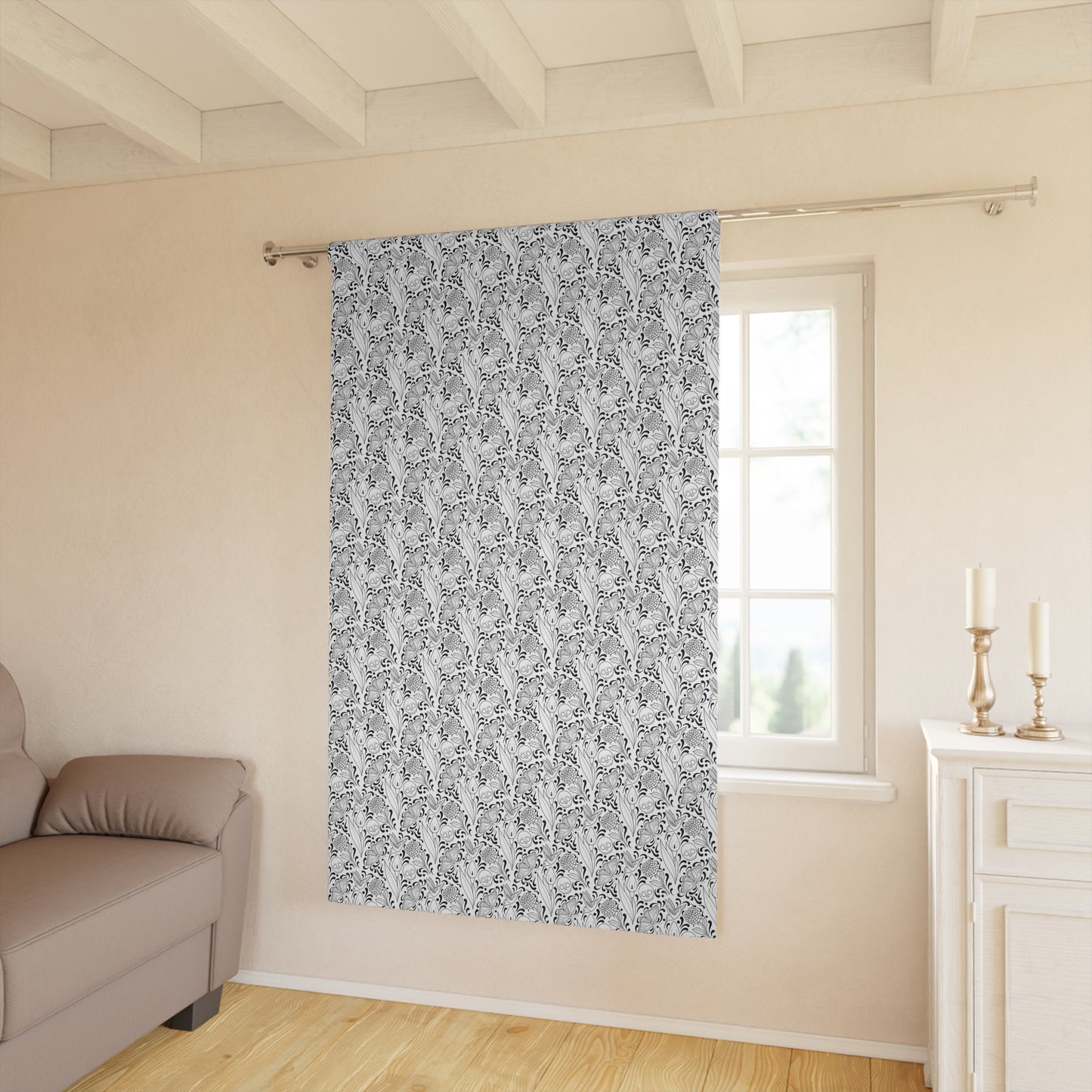 Muerte Pattern Black out curtain panel- black on white