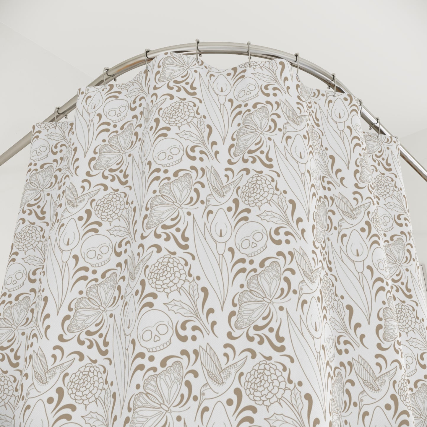 Muerte Pattern Shower Curtain- Tan on white