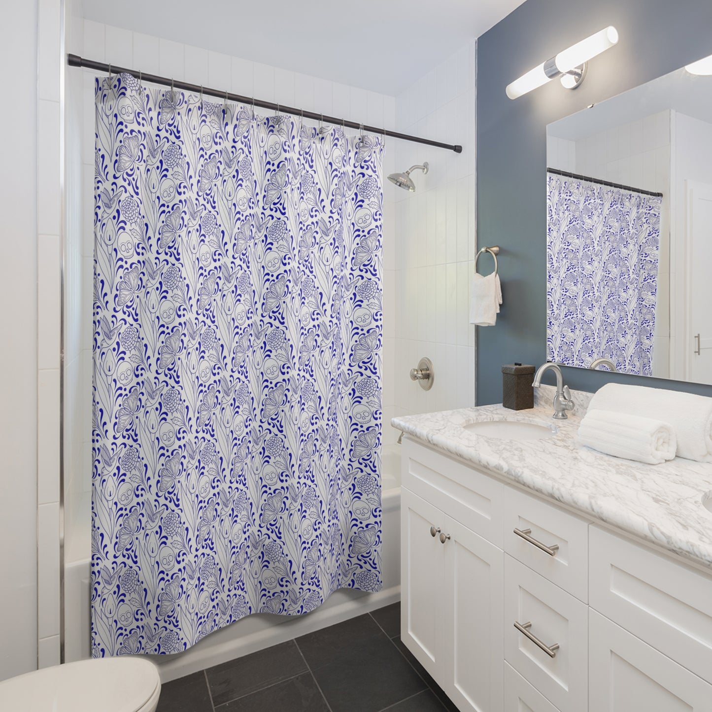 Muerte Pattern Shower Curtain- Blue on white