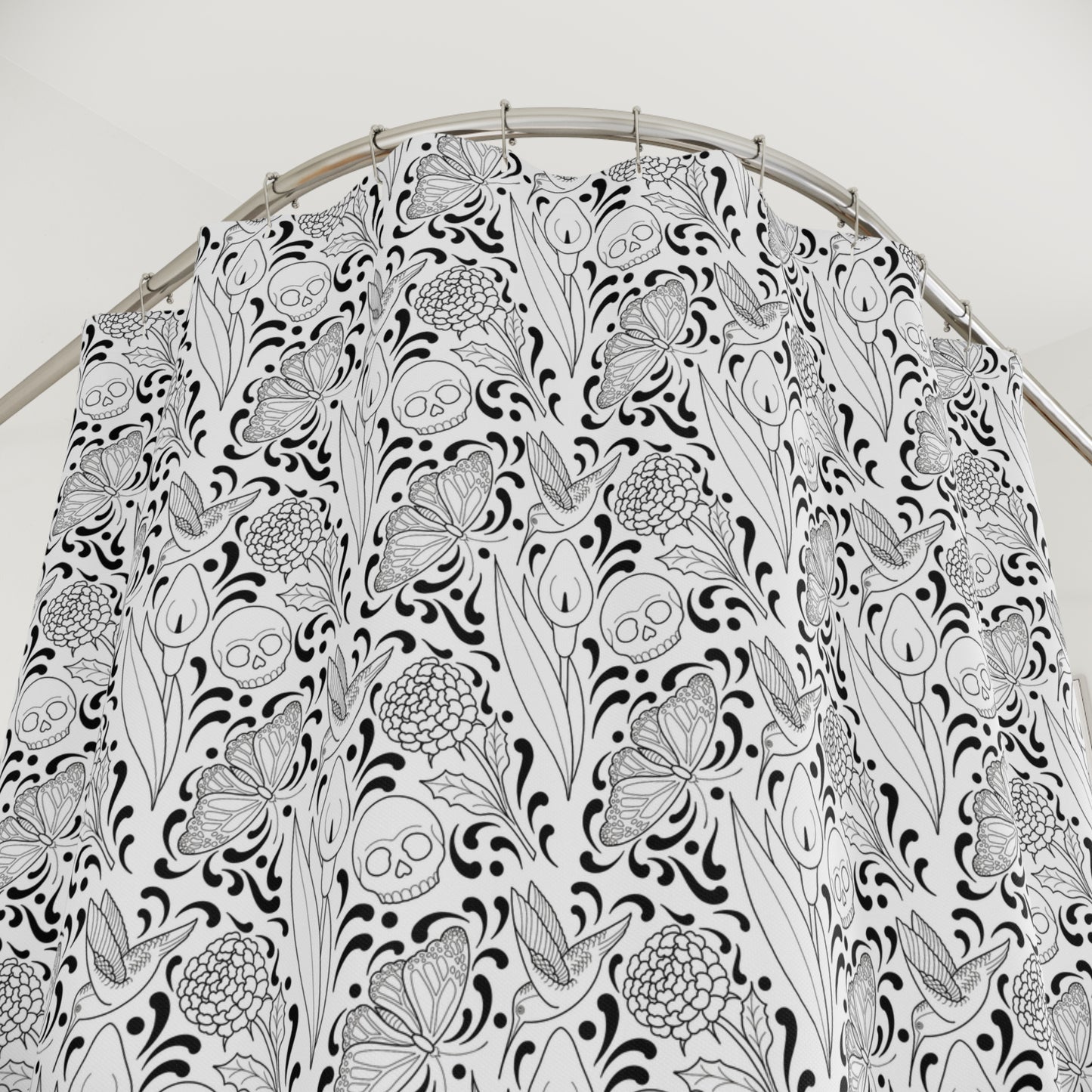 Muerte Pattern Shower Curtain- Black on white