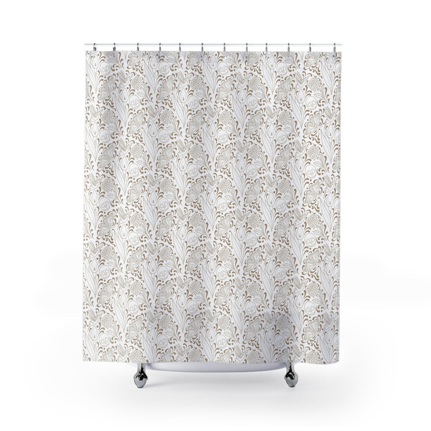 Muerte Pattern Shower Curtain- Tan on white