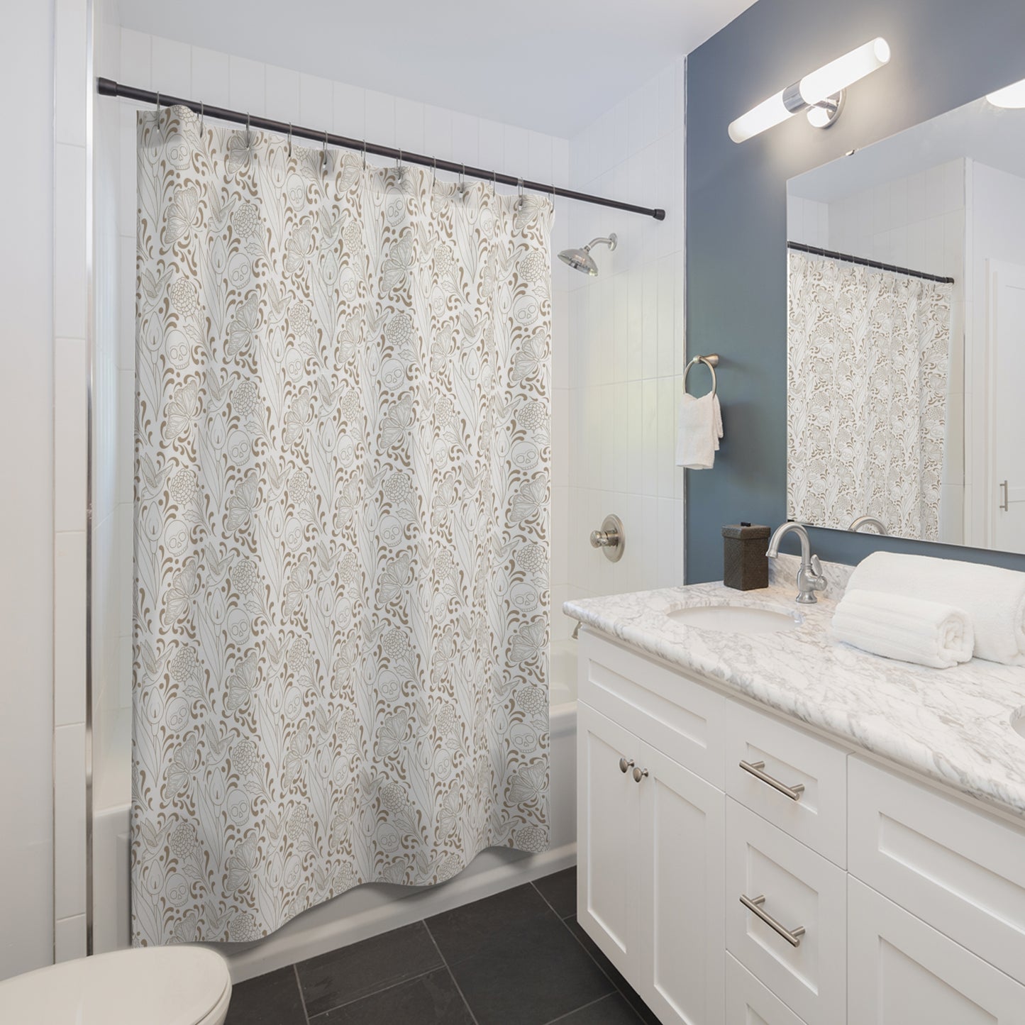 Muerte Pattern Shower Curtain- Tan on white