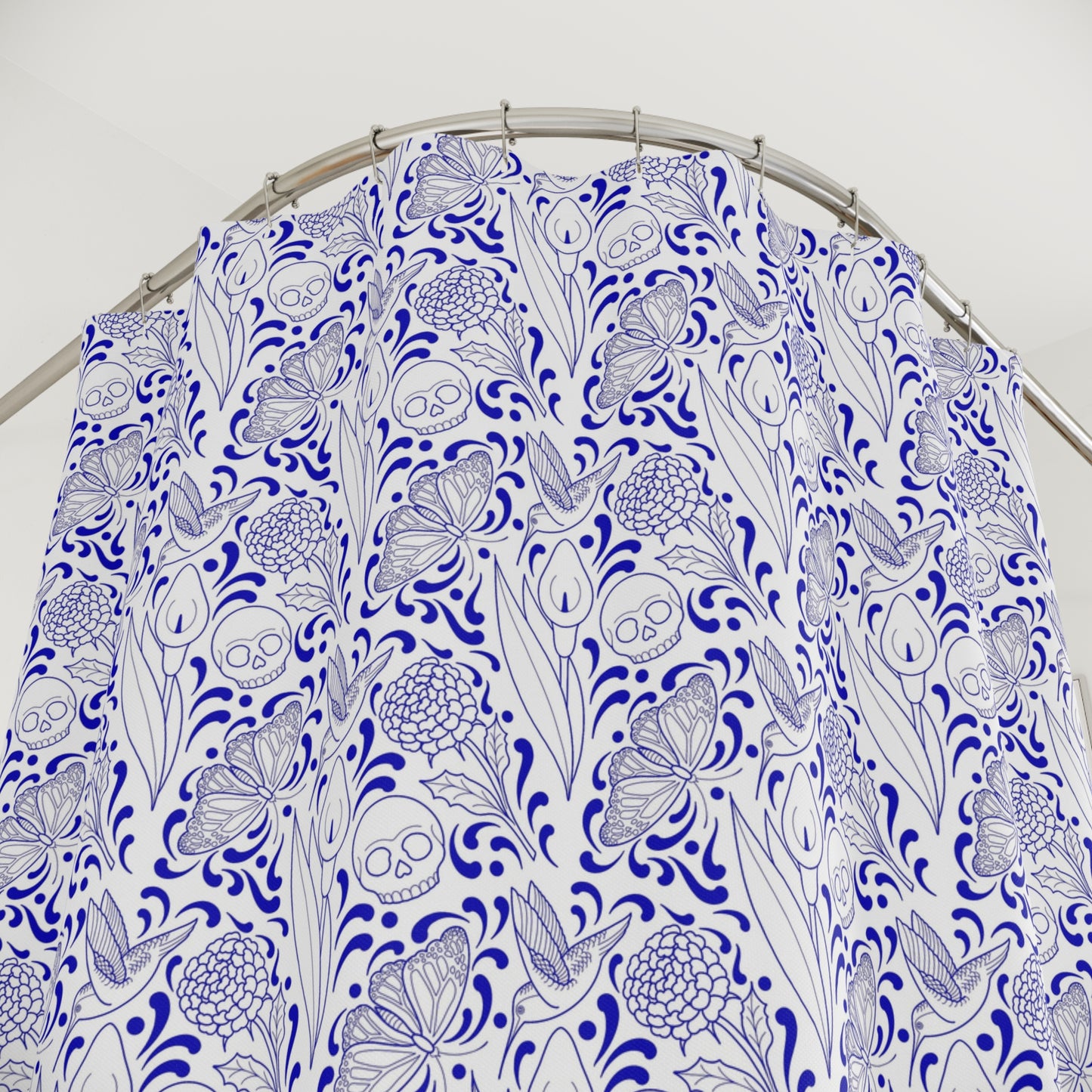 Muerte Pattern Shower Curtain- Blue on white