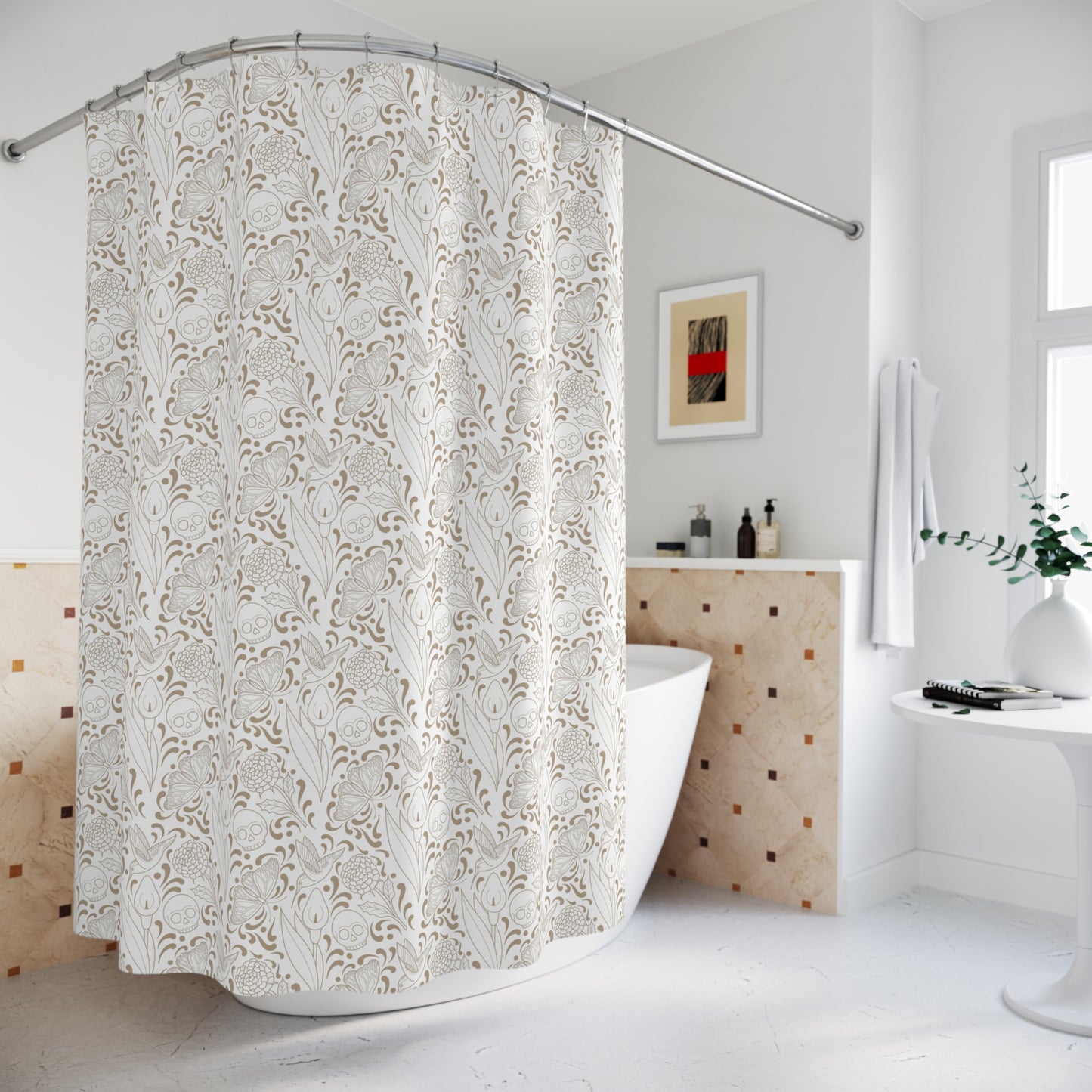 Muerte Pattern Shower Curtain- Tan on white