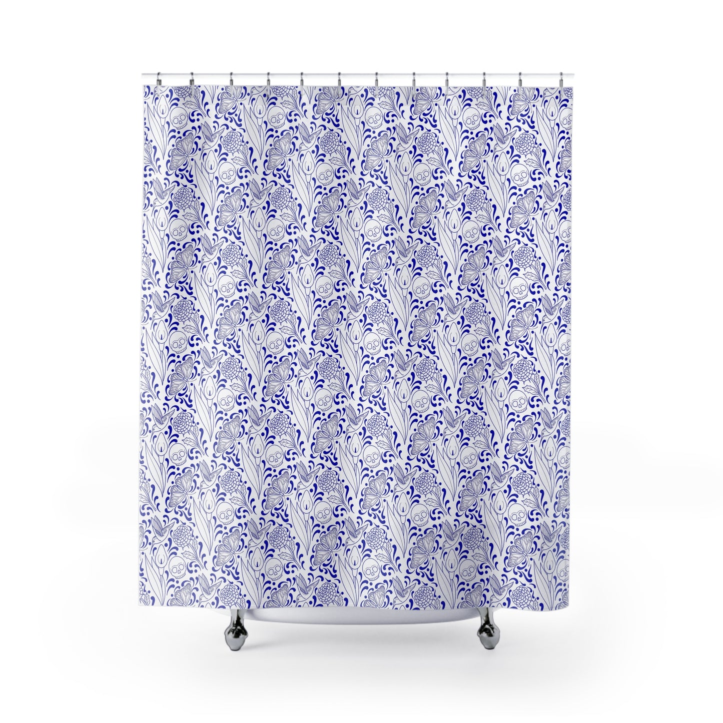 Muerte Pattern Shower Curtain- Blue on white
