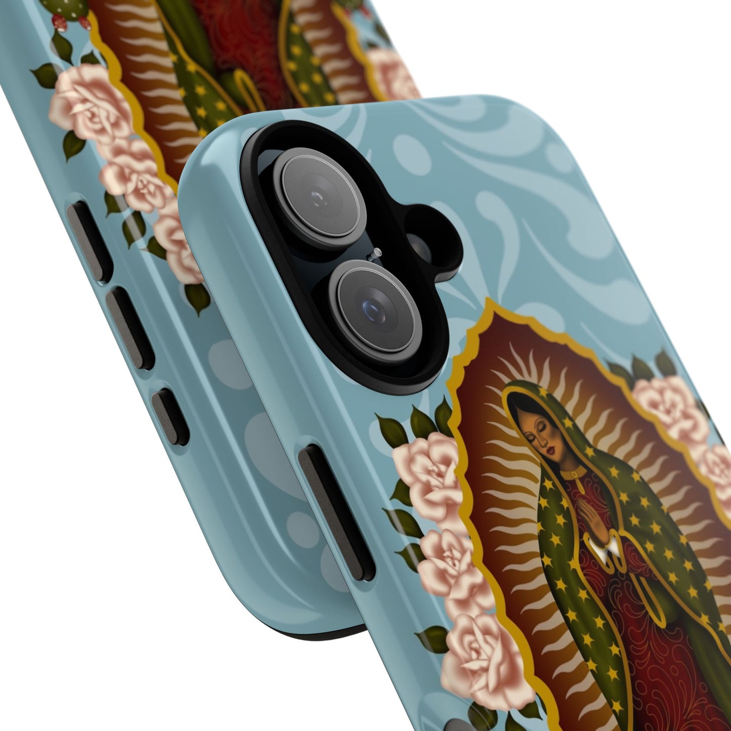 Virgen de Guadalupe iPhone case with light blue Talavera background