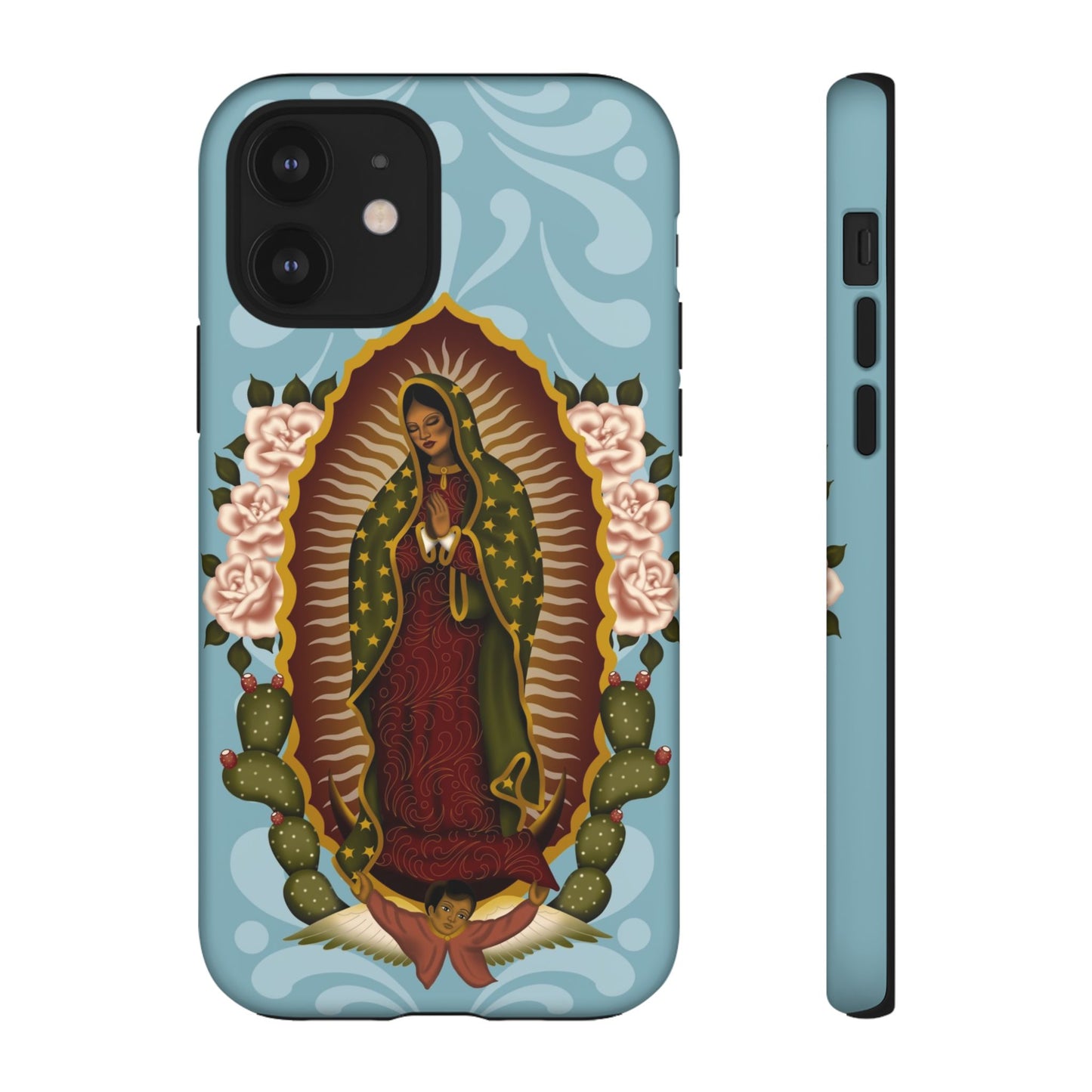 Virgen de Guadalupe iPhone case with light blue Talavera background