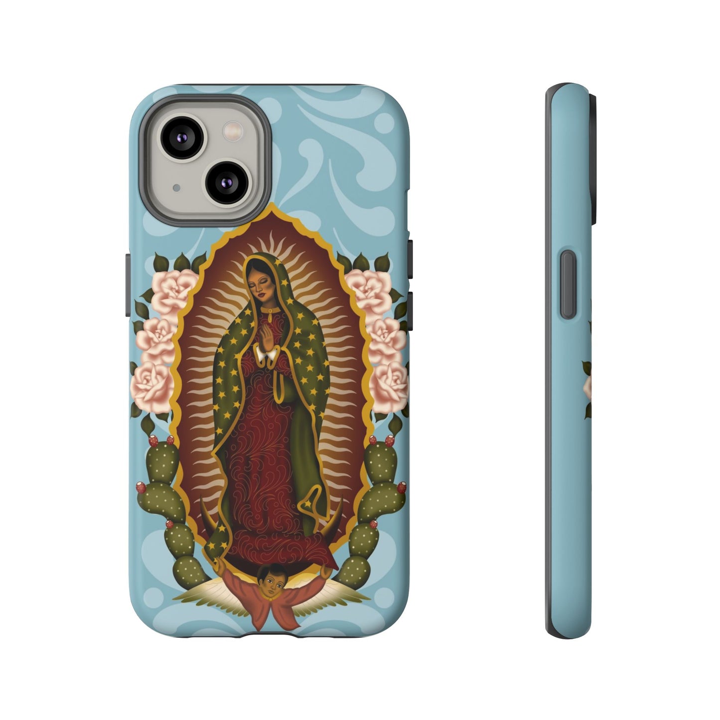 Virgen de Guadalupe iPhone case with light blue Talavera background