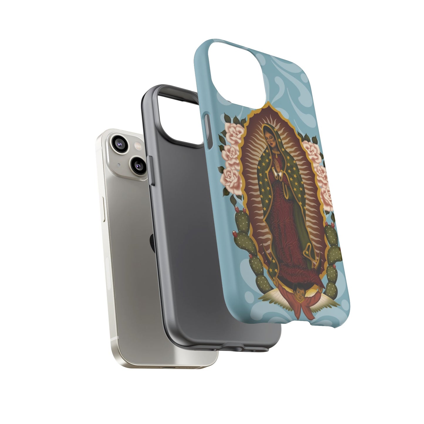 Virgen de Guadalupe iPhone case with light blue Talavera background