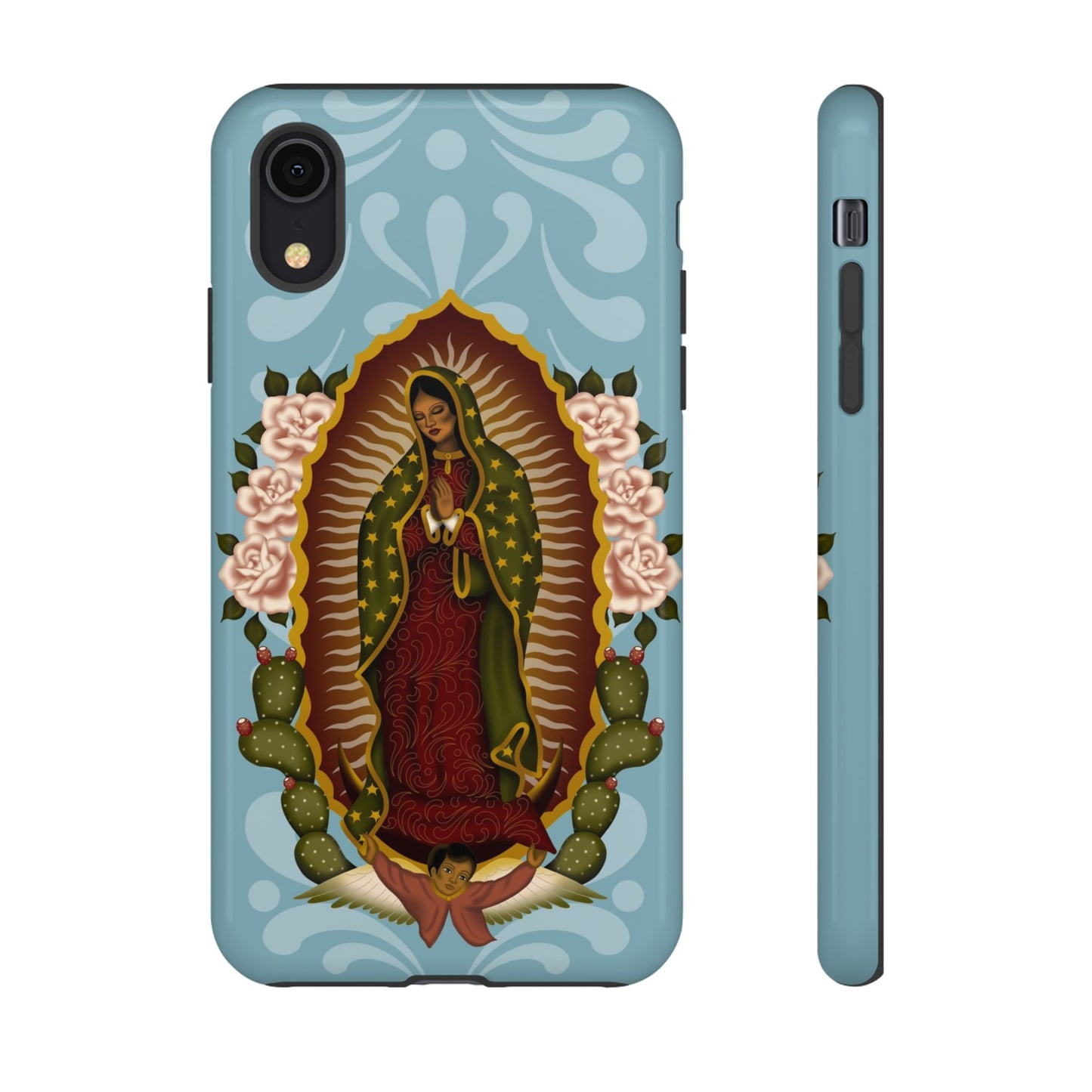 Virgen de Guadalupe iPhone case with light blue Talavera background