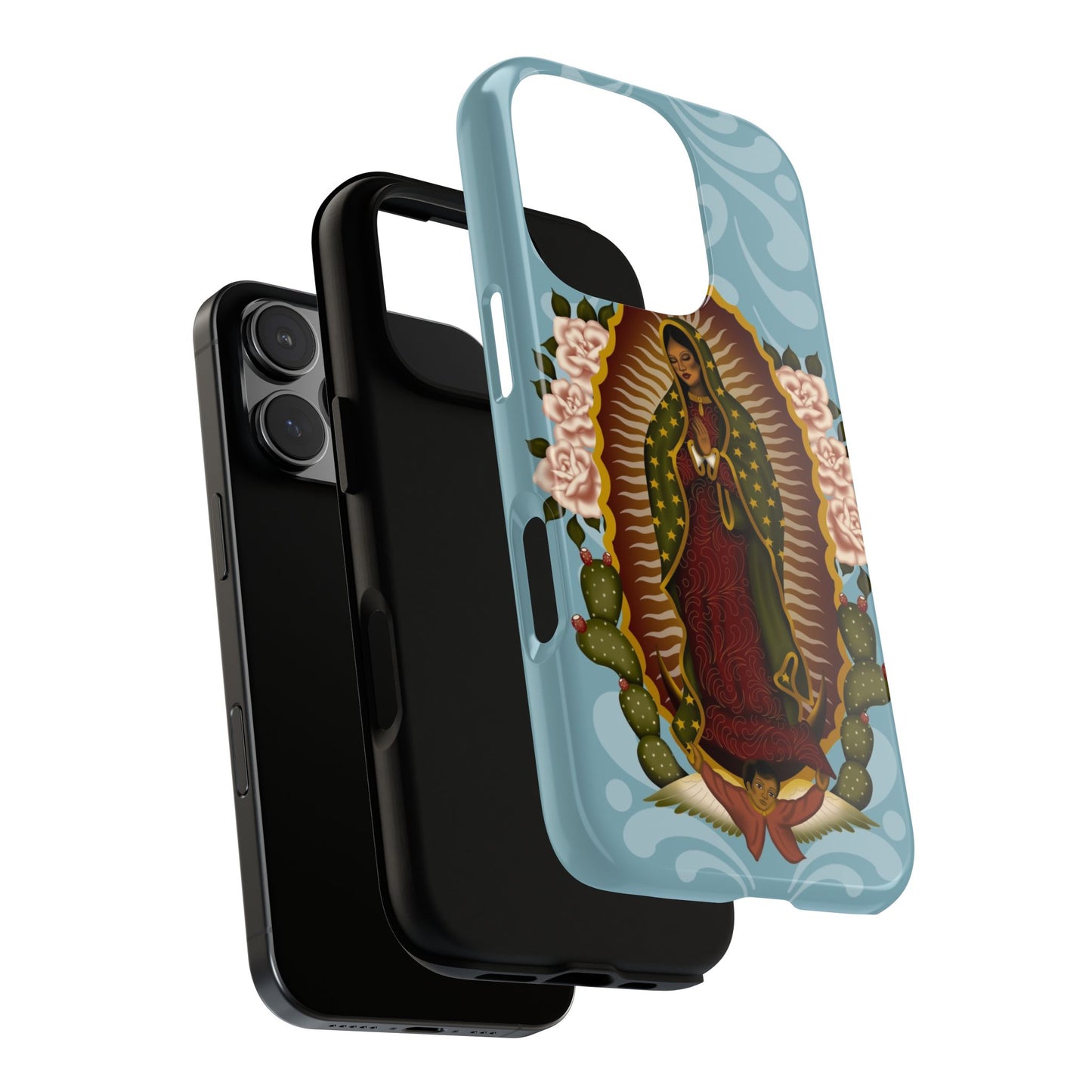 Virgen de Guadalupe iPhone case with light blue Talavera background