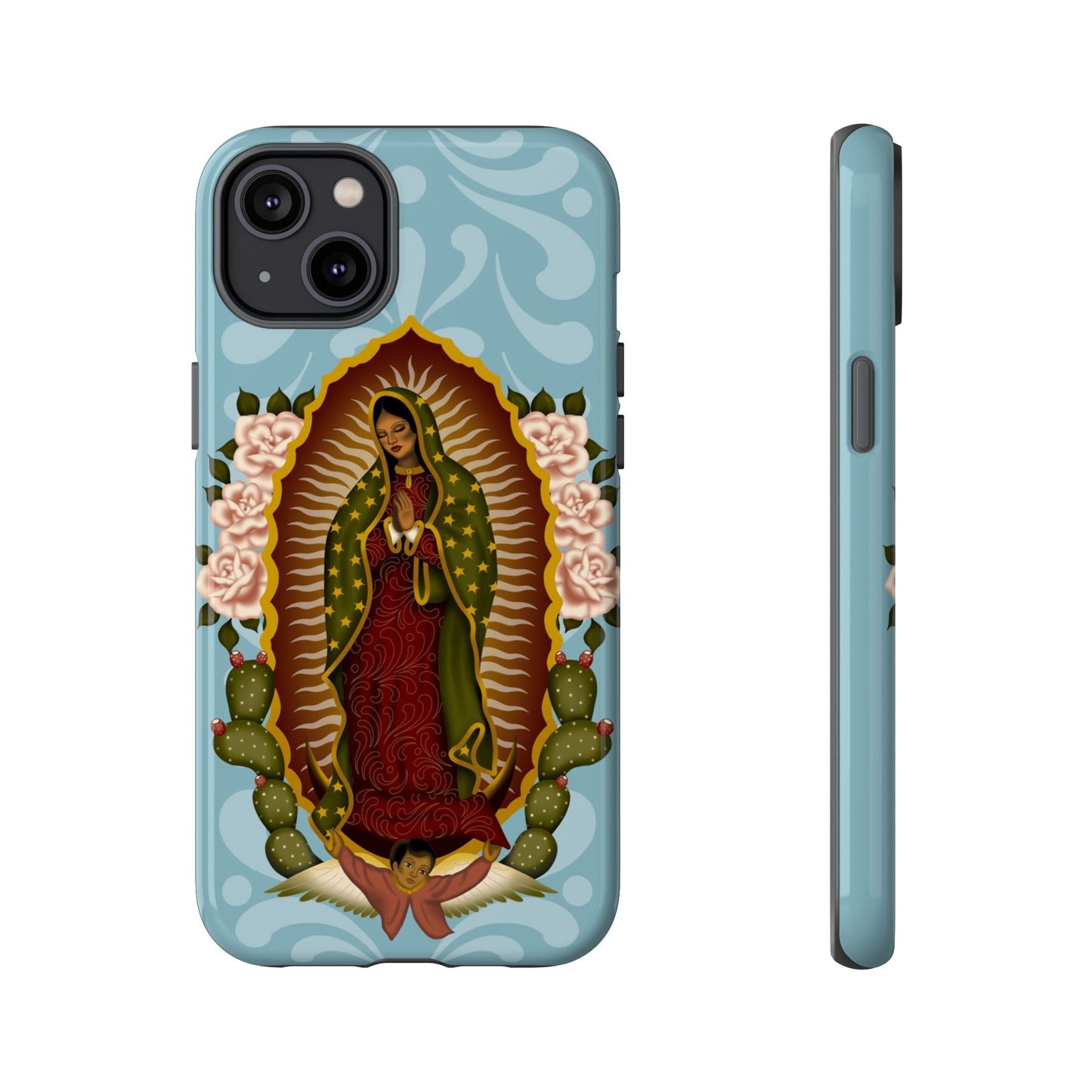 Virgen de Guadalupe iPhone case with light blue Talavera background