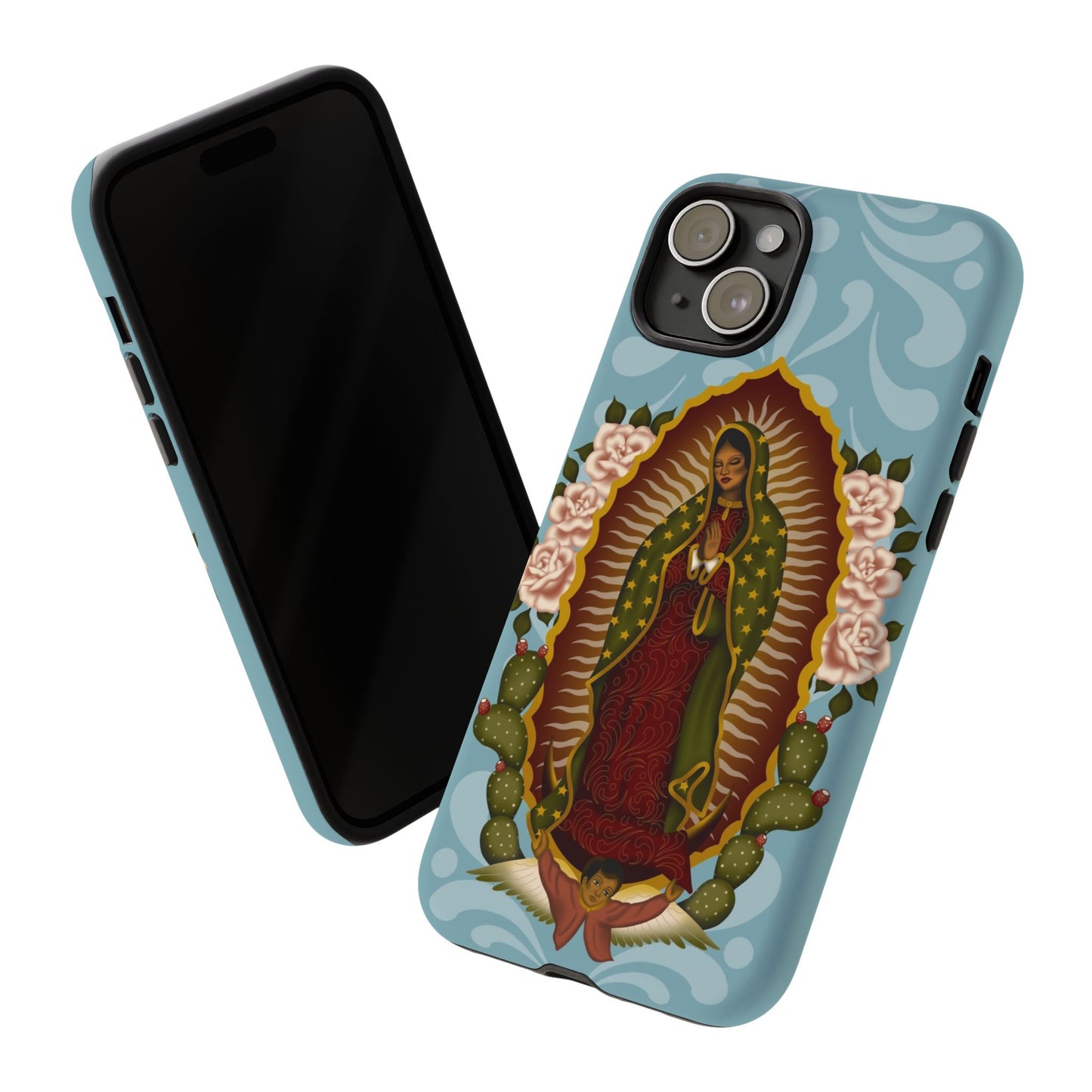 Virgen de Guadalupe iPhone case with light blue Talavera background