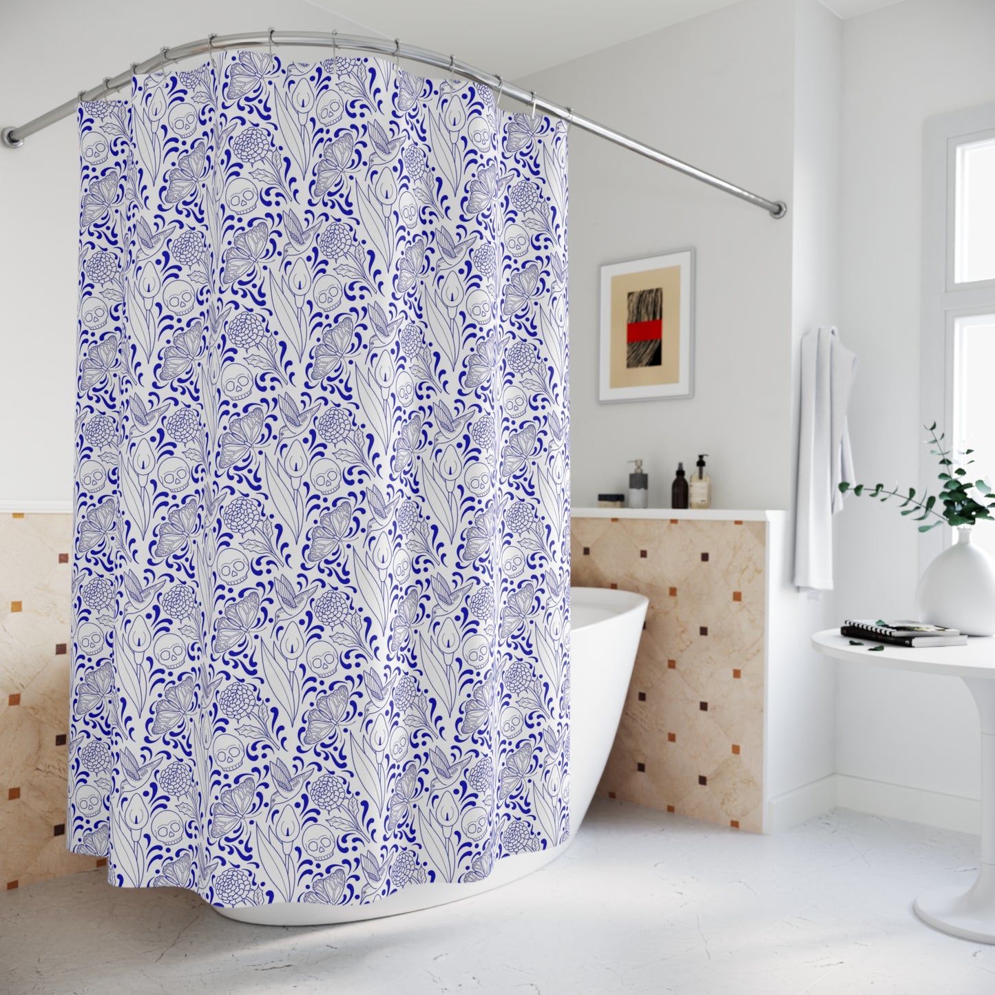Muerte Pattern Shower Curtain- Blue on white