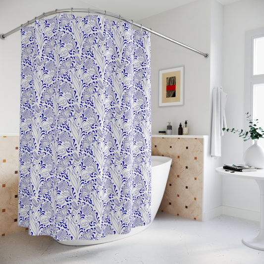 Muerte Pattern Shower Curtain- Blue on white