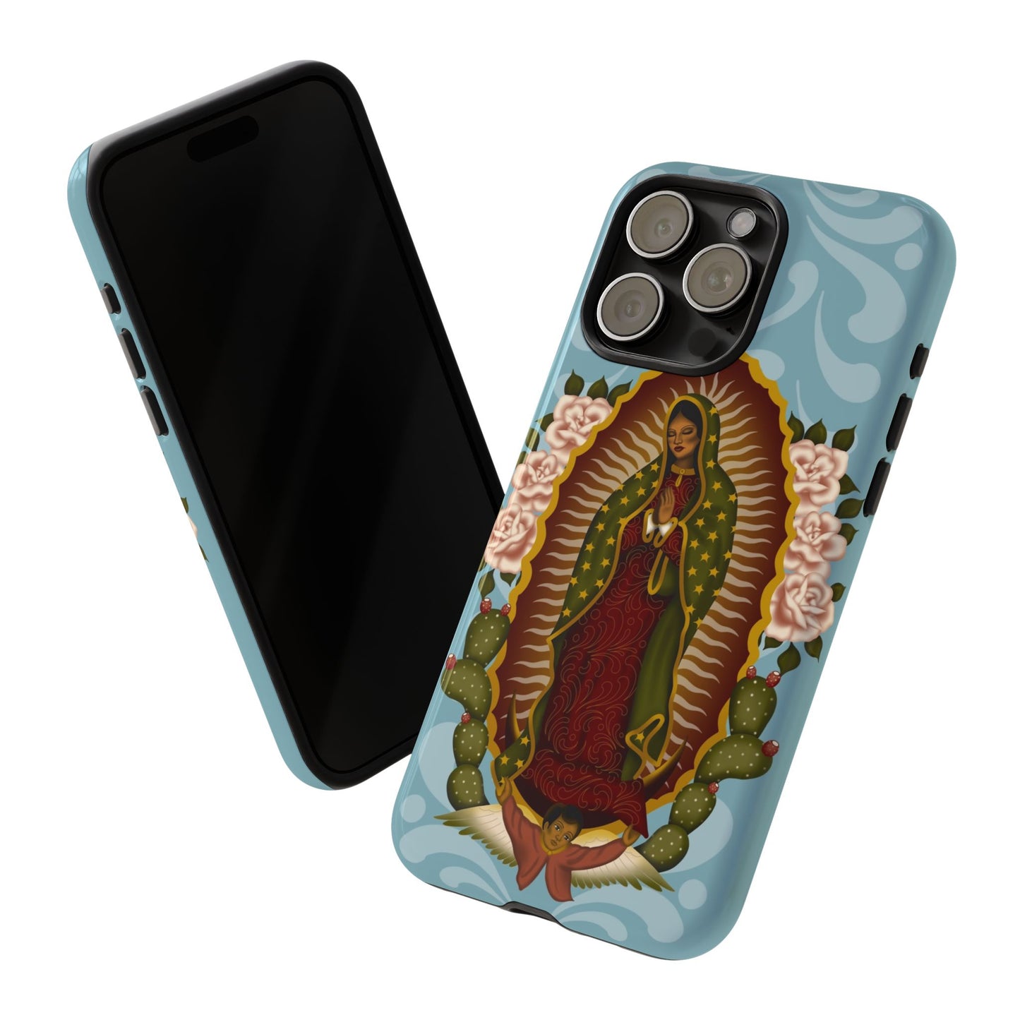 Virgen de Guadalupe iPhone case with light blue Talavera background