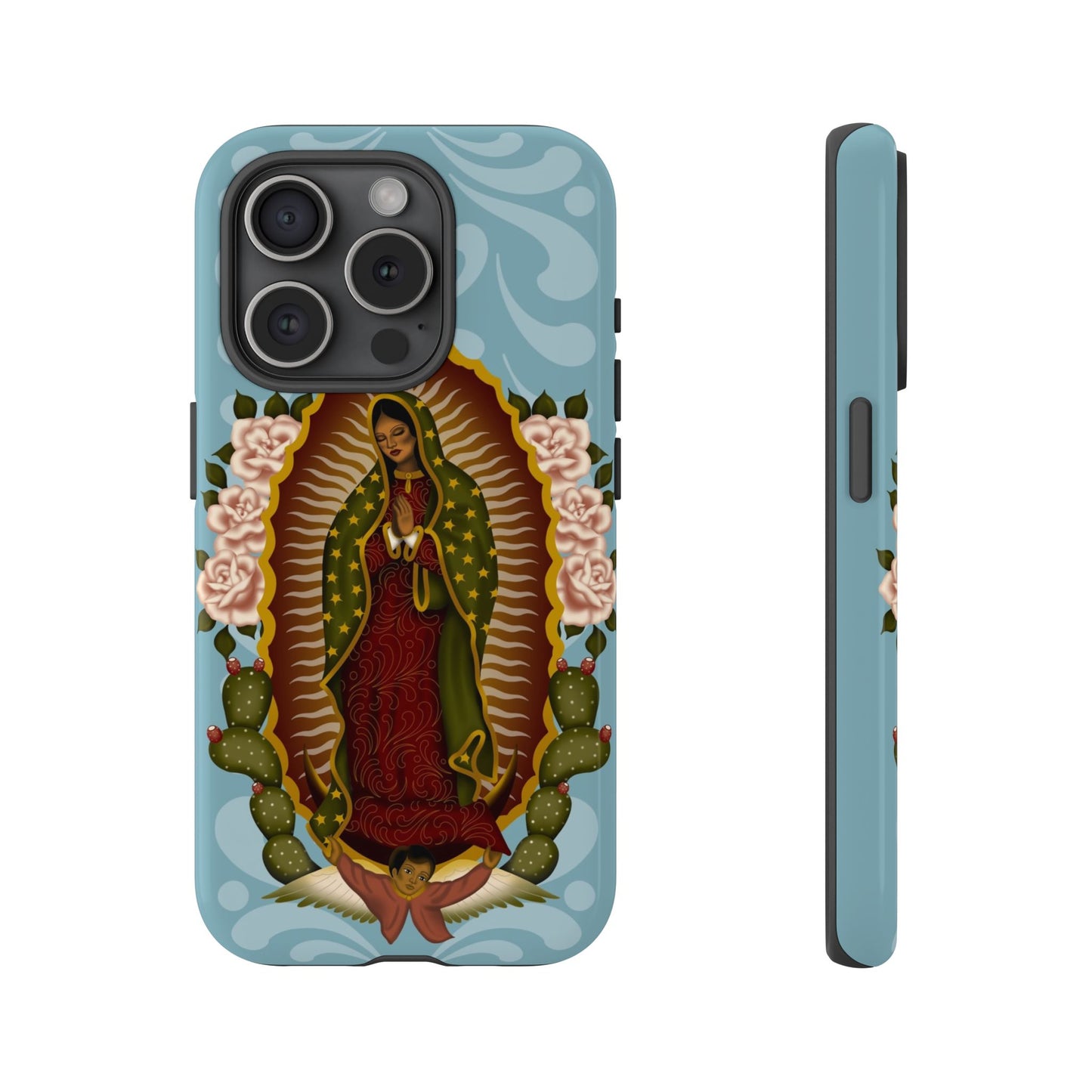 Virgen de Guadalupe iPhone case with light blue Talavera background