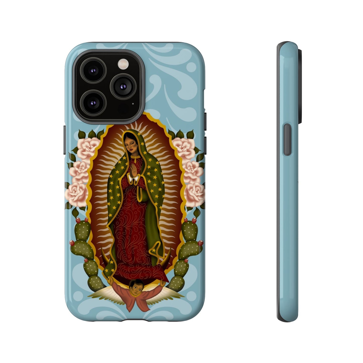 Virgen de Guadalupe iPhone case with light blue Talavera background