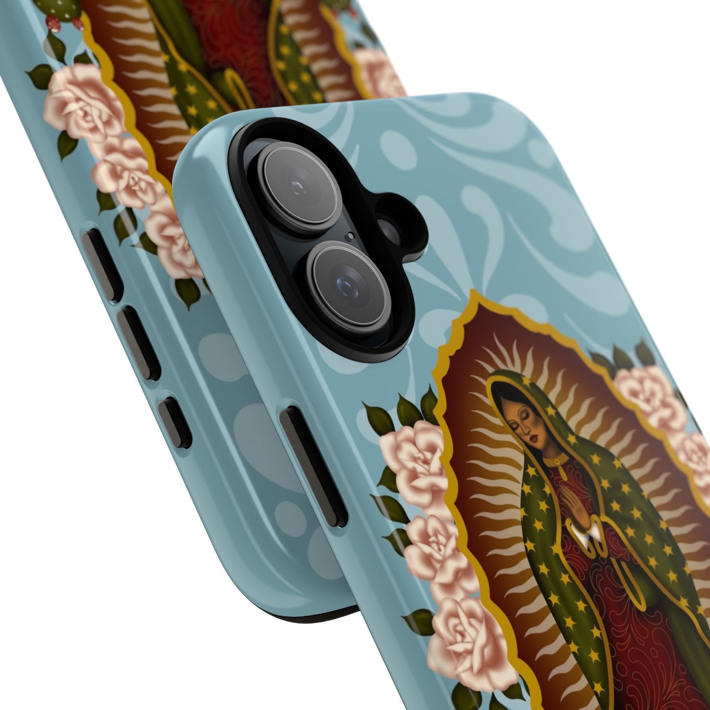 Virgen de Guadalupe iPhone case with light blue Talavera background
