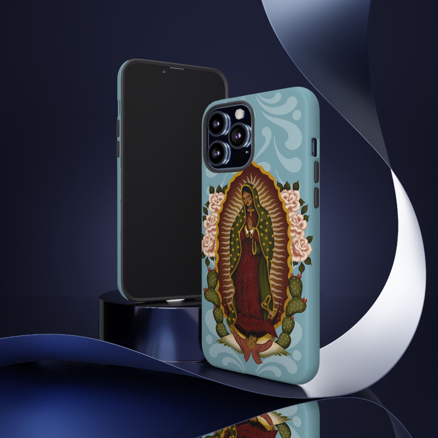Virgen de Guadalupe iPhone case with light blue Talavera background