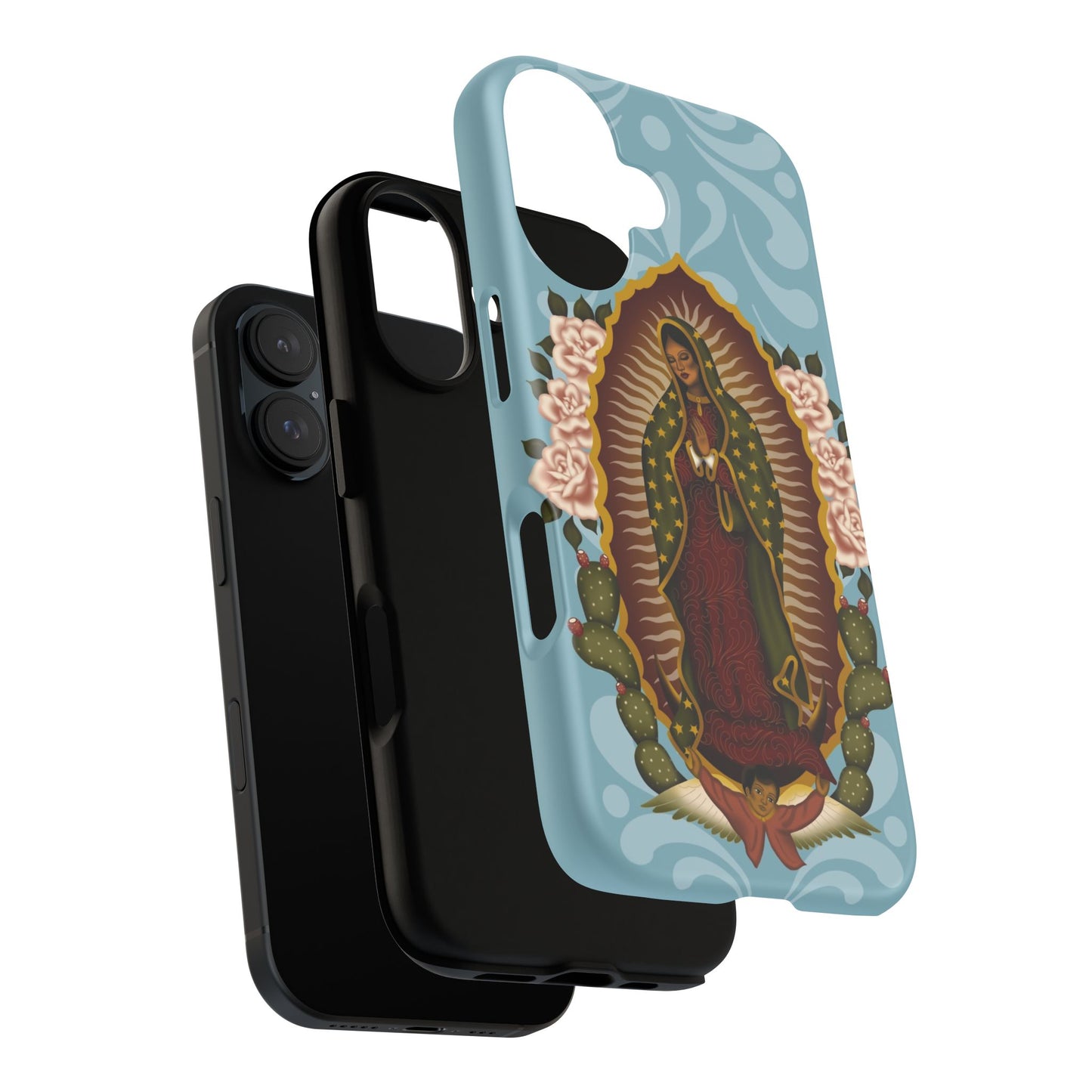 Virgen de Guadalupe iPhone case with light blue Talavera background