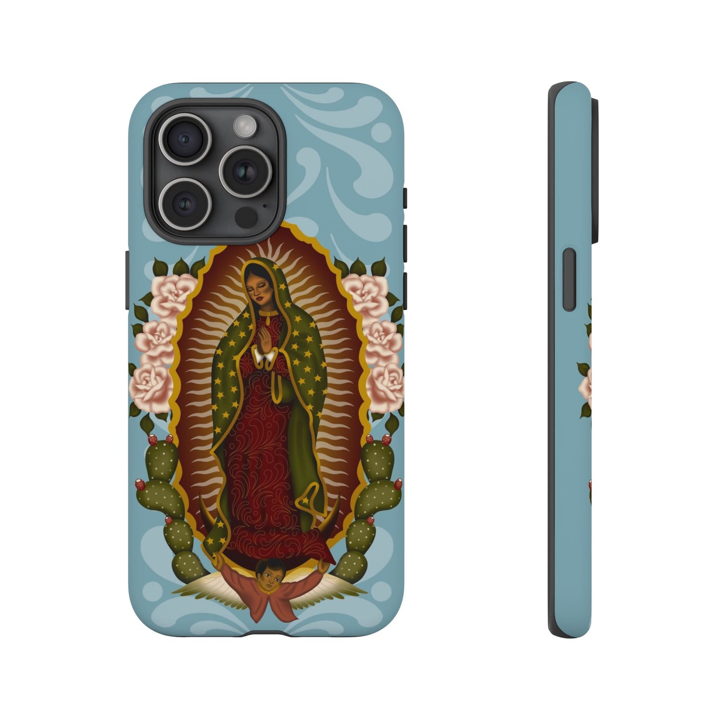 Virgen de Guadalupe iPhone case with light blue Talavera background