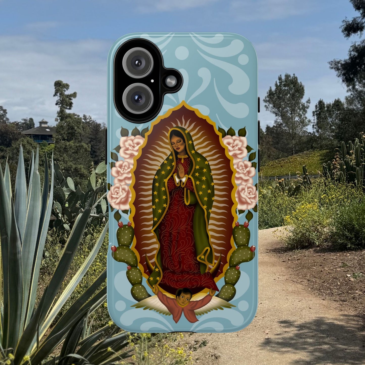 Virgen de Guadalupe iPhone case with light blue Talavera background