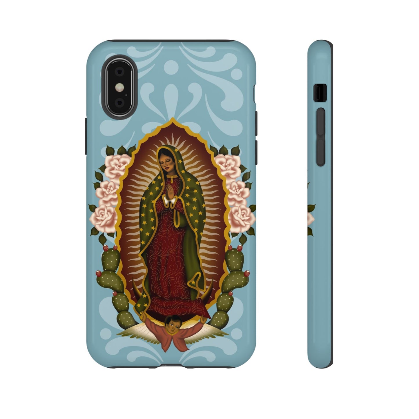 Virgen de Guadalupe iPhone case with light blue Talavera background