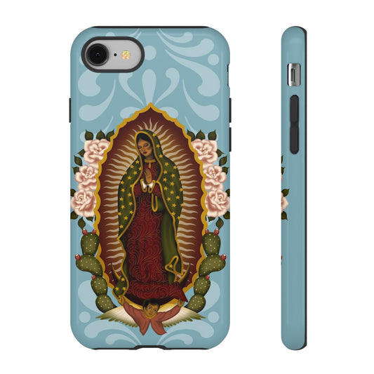 Virgen de Guadalupe iPhone case with light blue Talavera background
