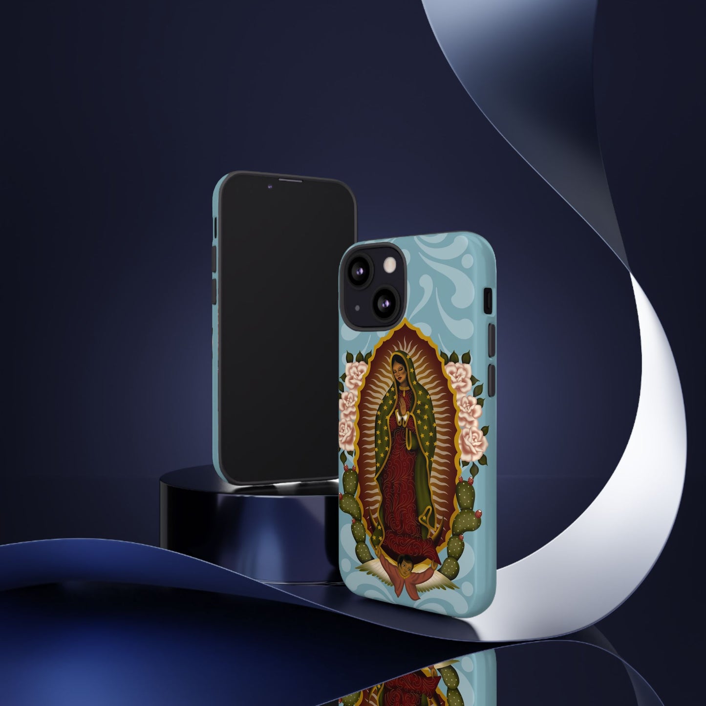 Virgen de Guadalupe iPhone case with light blue Talavera background