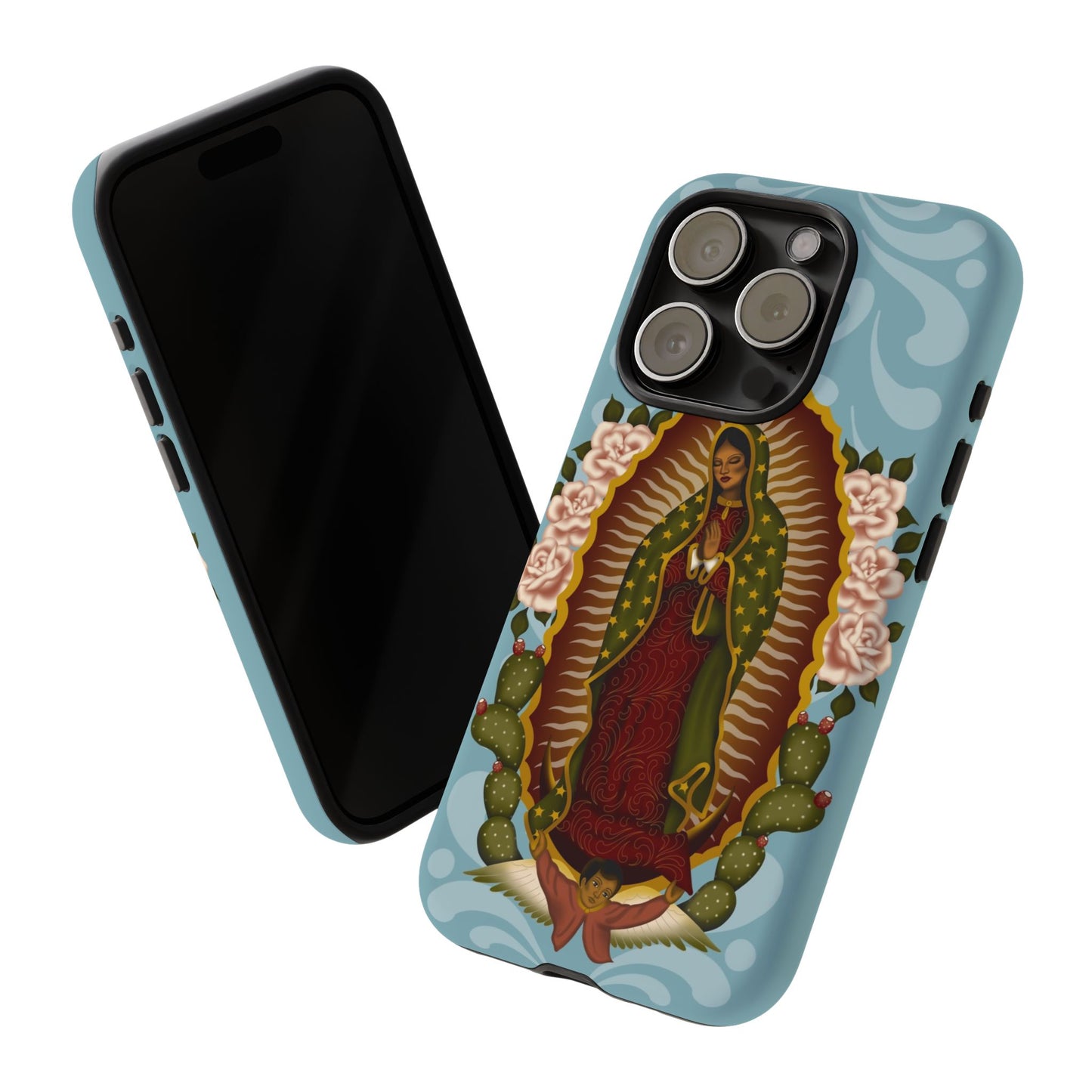 Virgen de Guadalupe iPhone case with light blue Talavera background