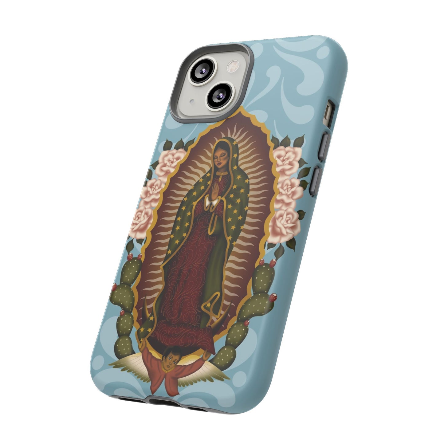 Virgen de Guadalupe iPhone case with light blue Talavera background