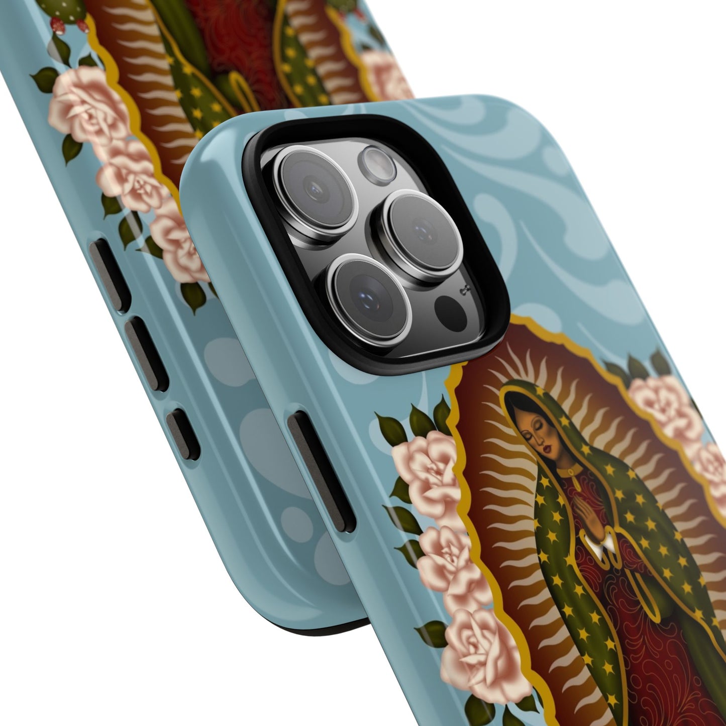 Virgen de Guadalupe iPhone case with light blue Talavera background