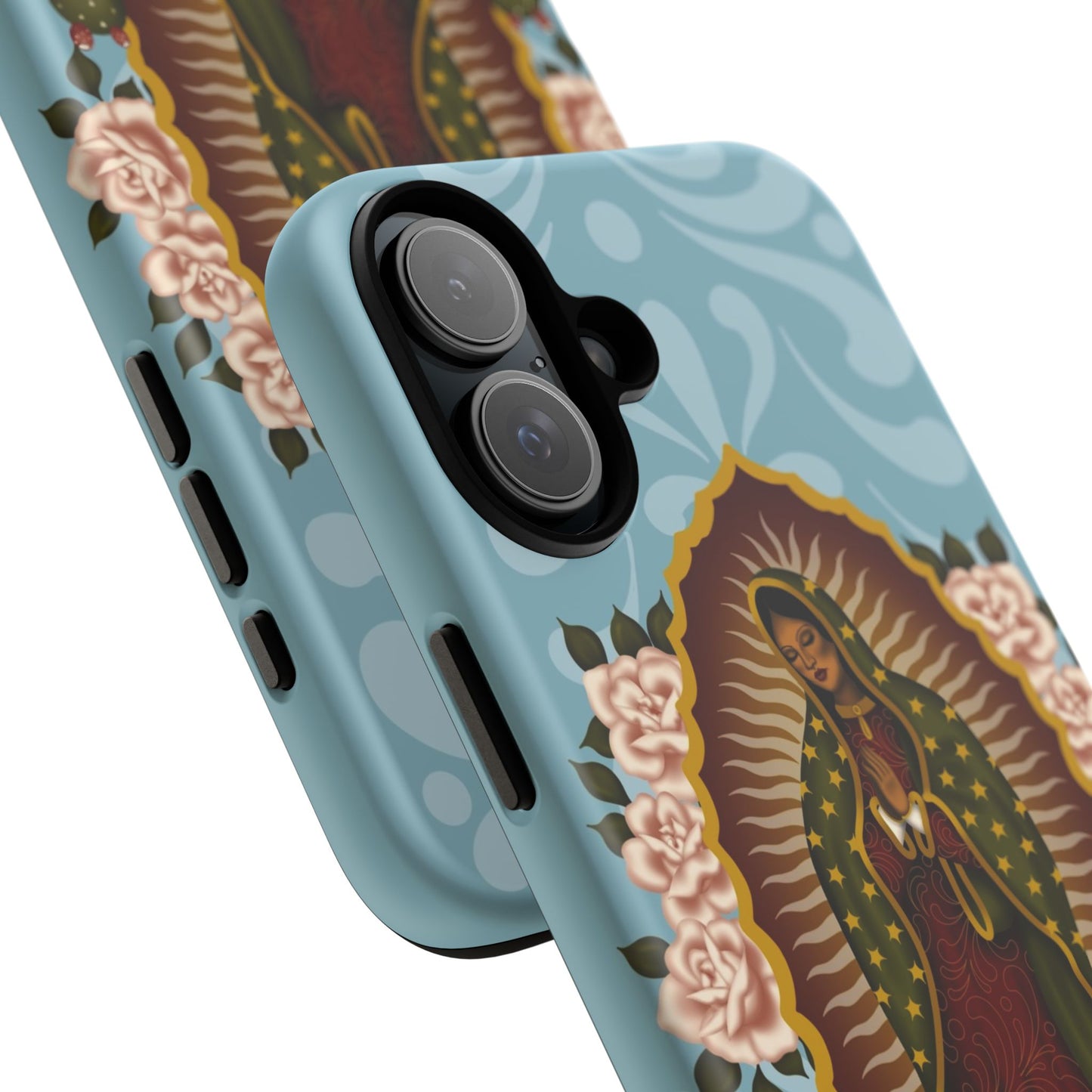 Virgen de Guadalupe iPhone case with light blue Talavera background