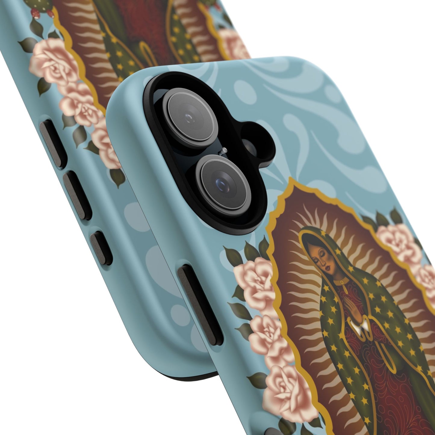 Virgen de Guadalupe iPhone case with light blue Talavera background