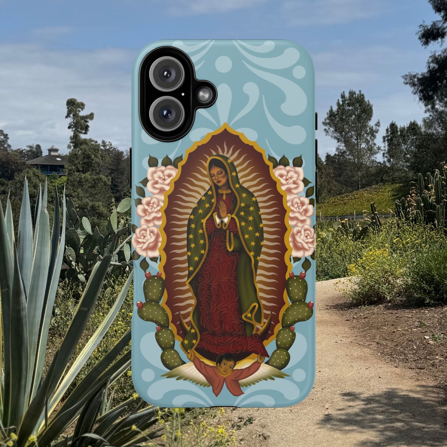 Virgen de Guadalupe iPhone case with light blue Talavera background