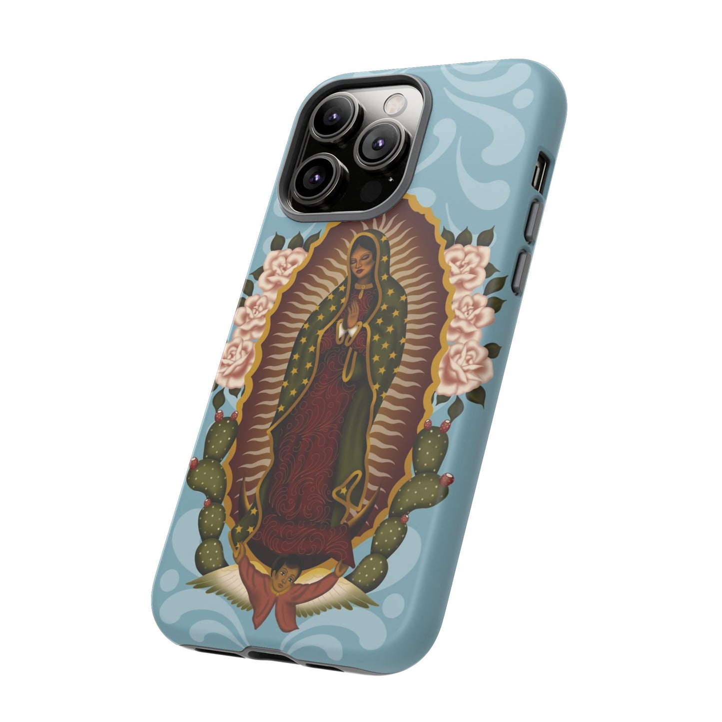 Virgen de Guadalupe iPhone case with light blue Talavera background