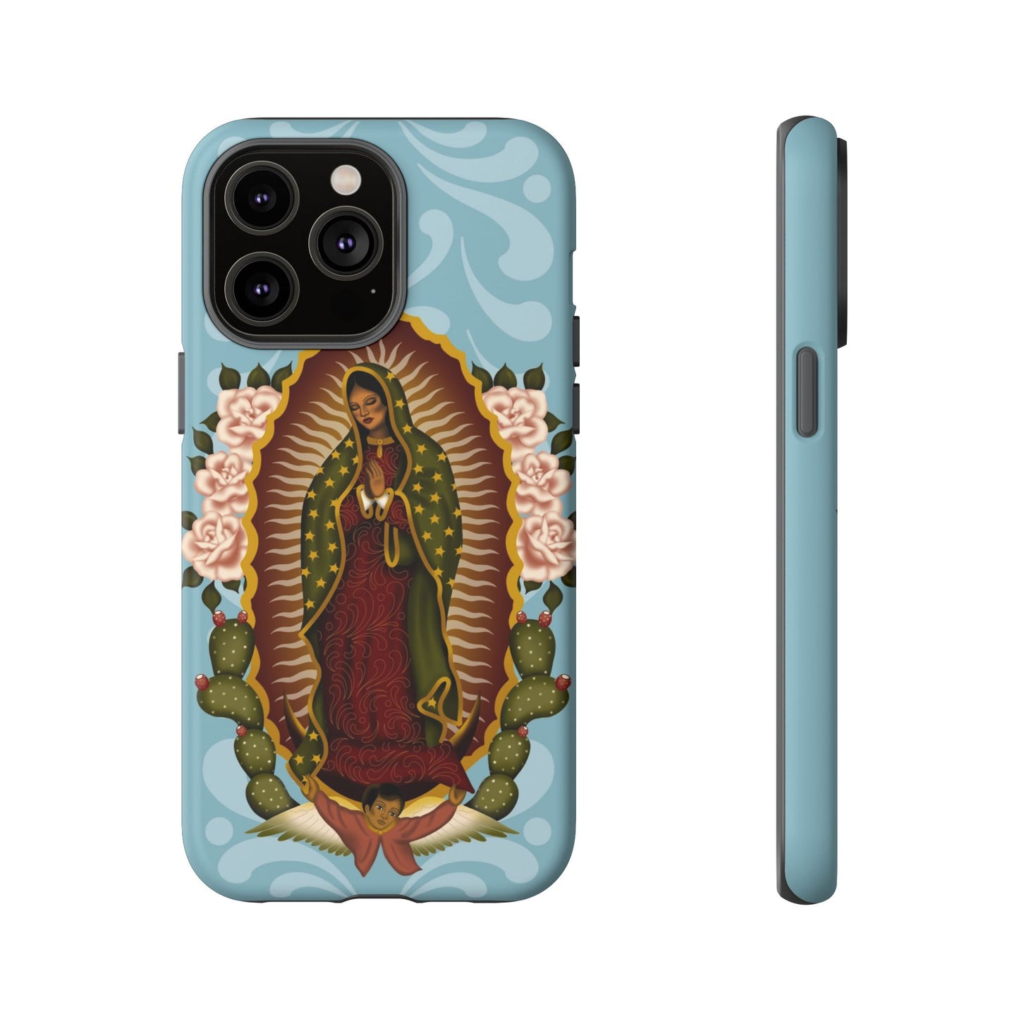 Virgen de Guadalupe iPhone case with light blue Talavera background