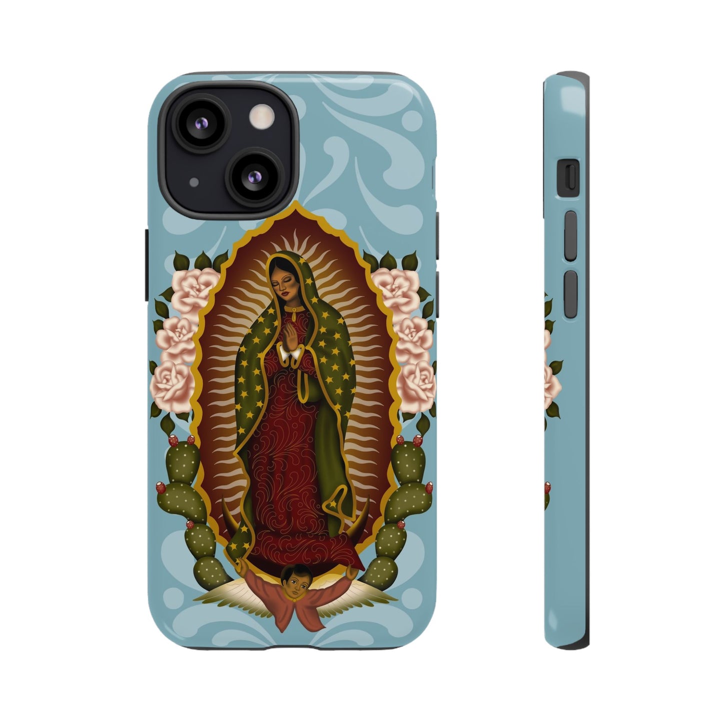 Virgen de Guadalupe iPhone case with light blue Talavera background