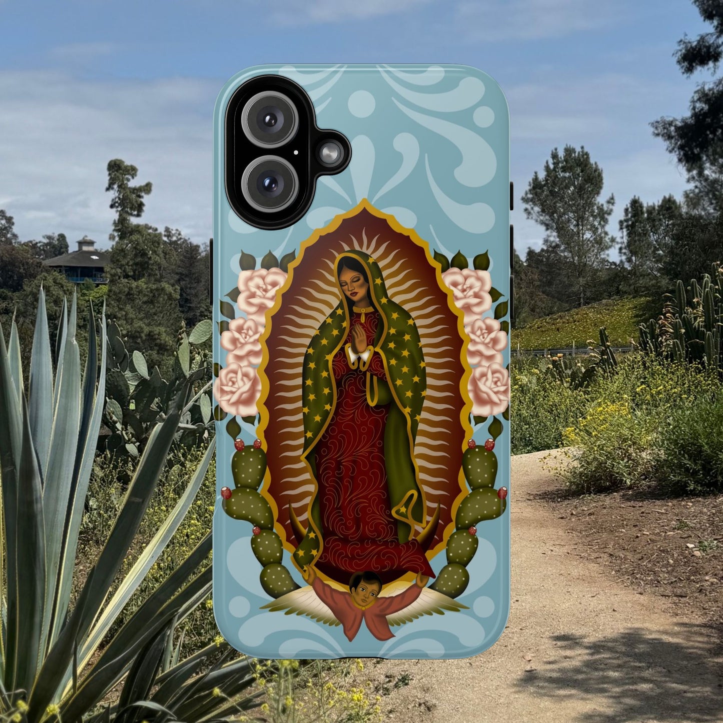 Virgen de Guadalupe iPhone case with light blue Talavera background