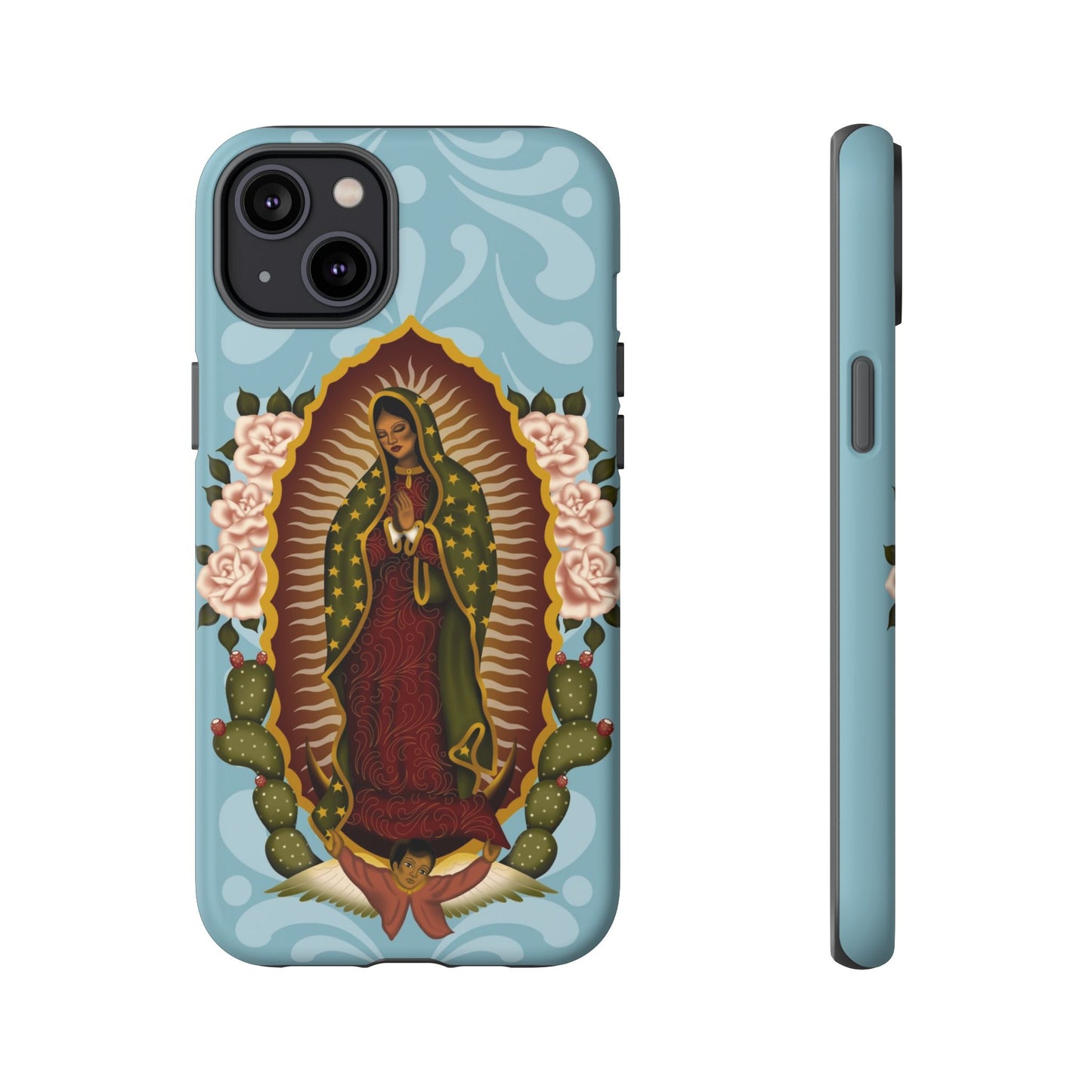 Virgen de Guadalupe iPhone case with light blue Talavera background