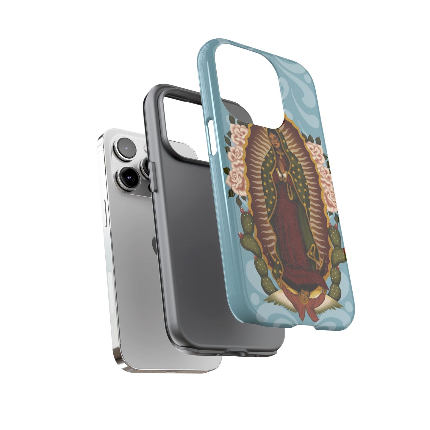 Virgen de Guadalupe iPhone case with light blue Talavera background