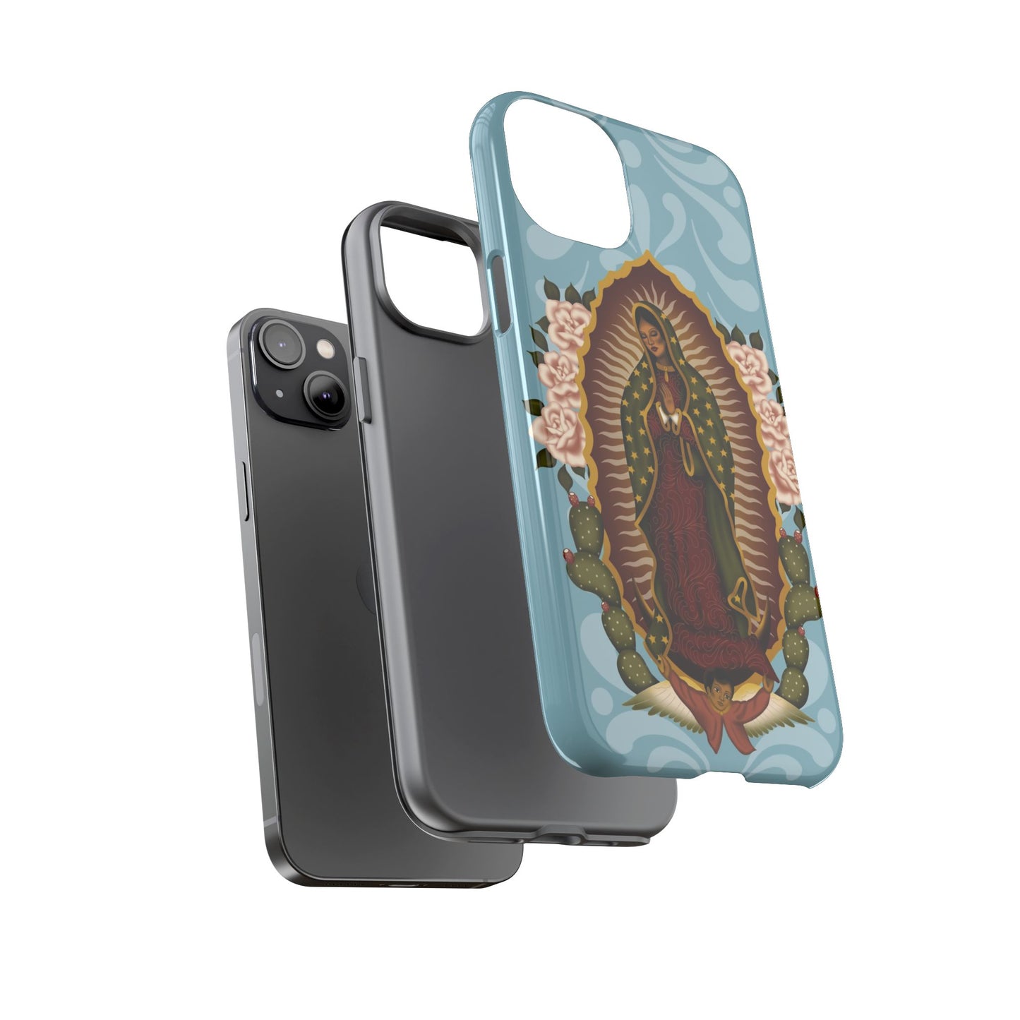 Virgen de Guadalupe iPhone case with light blue Talavera background